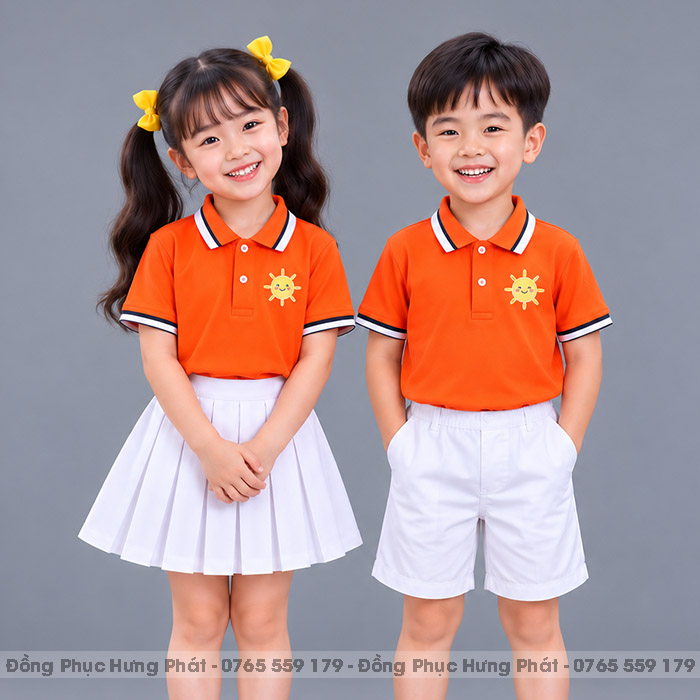 đồng phục mầm non và tiểu học màu cam sọc trắng
