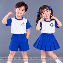 đồng phục mầm non và tiểu học màu trắng phối xanh bích