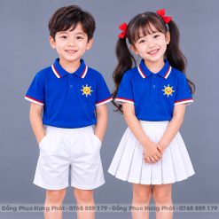 đồng phục mầm non và tiểu học màu xanh bích sọc trắng