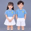 đồng phục mầm non và tiểu học màu xanh biển sọc trắng