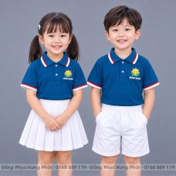 đồng phục mầm non và tiểu học màu xanh cổ vịt sọc trắng