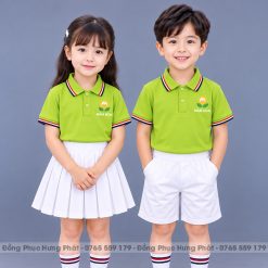 đồng phục mầm non và tiểu học màu xanh cốm 3 sọc
