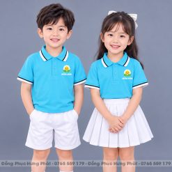 đồng phục mầm non và tiểu học màu xanh thiên thanh sọc trắng