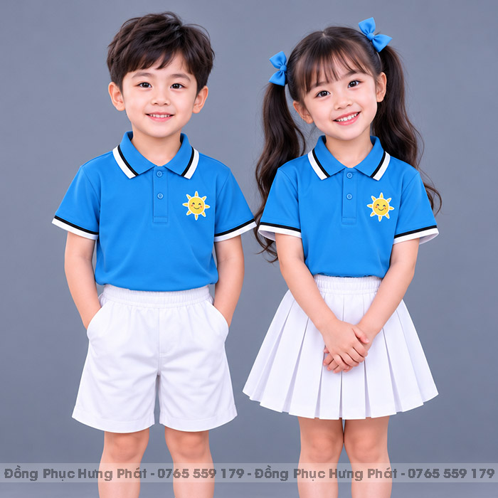 đồng phục mầm non và tiểu học màu xanh ya sọc trắng