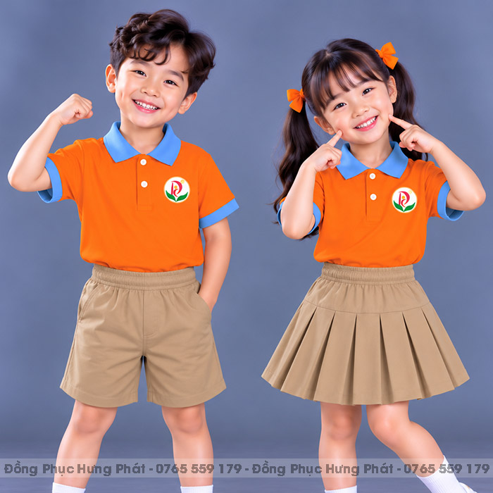 đồng phục mầm non và tiểu học polo màu cam phối xanh