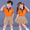 đồng phục mầm non và tiểu học polo màu cam viền xanh đen