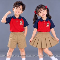 đồng phục mầm non và tiểu học polo màu đỏ phối xanh đen