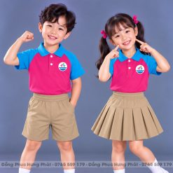 đồng phục mầm non và tiểu học polo màu hồng đậm phối xanh ya