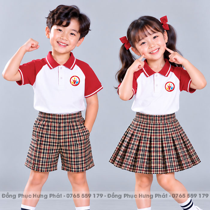 đồng phục mầm non và tiểu học polo màu trắng phối đỏ