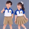 đồng phục mầm non và tiểu học polo màu trắng phối xanh bích