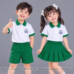 đồng phục mầm non và tiểu học polo màu trắng viền xanh két