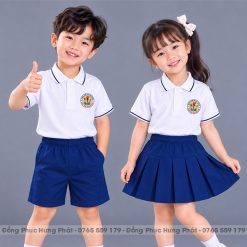 đồng phục mầm non và tiểu học polo màu trắng sọc xanh