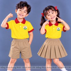 đồng phục mầm non và tiểu học polo màu vàng phối đỏ