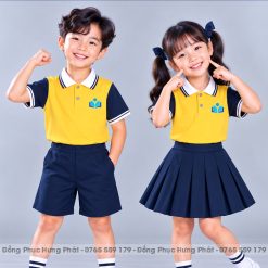 đồng phục mầm non và tiểu học polo màu vàng phối xanh đen