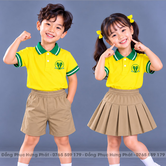 đồng phục mầm non và tiểu học polo màu vàng viền xanh két