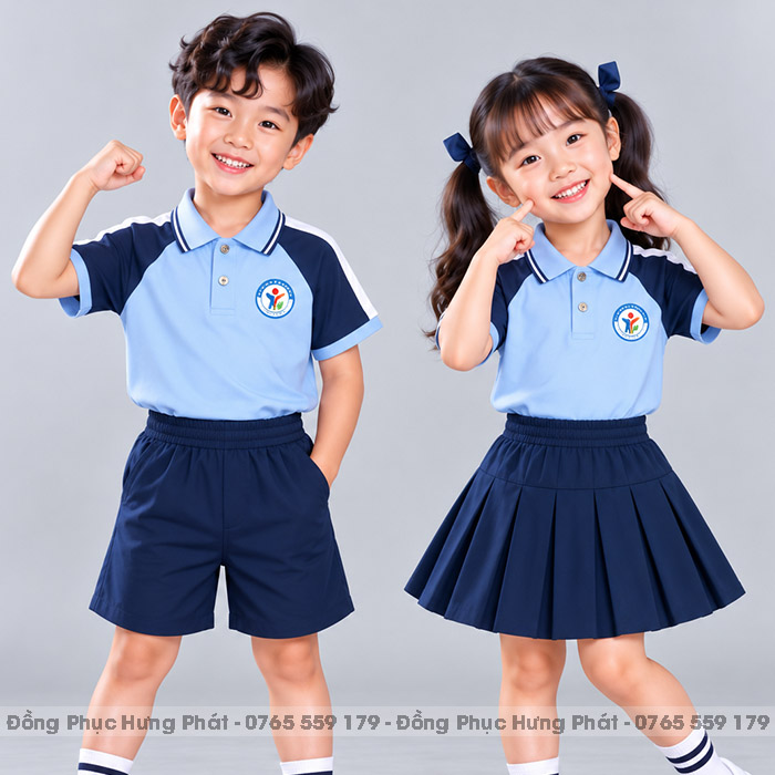 đồng phục mầm non và tiểu học polo màu xanh biển phối xanh đen