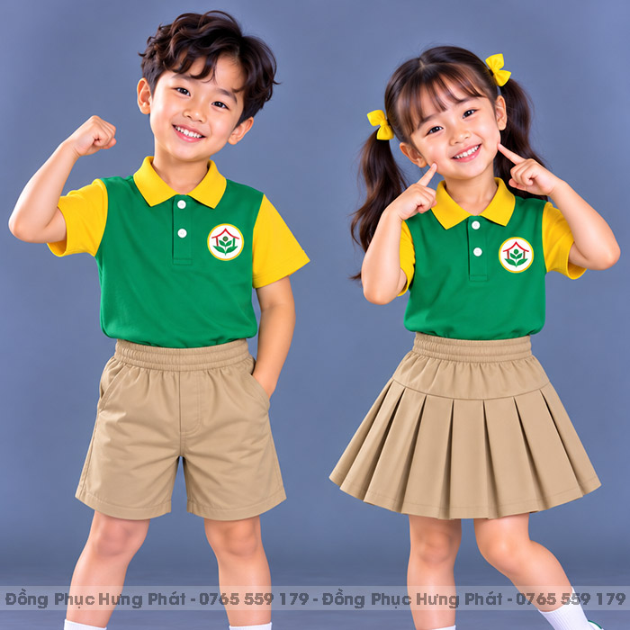 đồng phục mầm non và tiểu học polo màu xanh két phối vàng