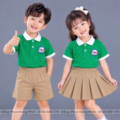 đồng phục mầm non và tiểu học polo màu xanh két viền trắng