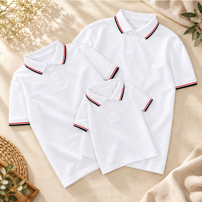 áo polo gia đình màu trắng viền 3 sọc