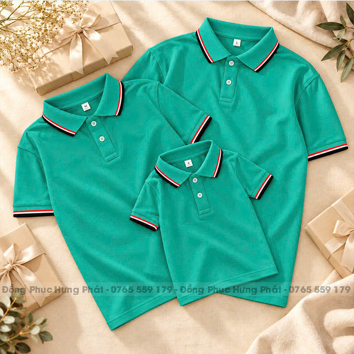 áo polo gia đình màu xanh vịt 3 sọc