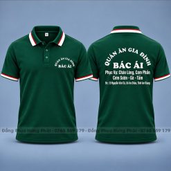 áo thun đồng phục quán ăn gia đình bác ái màu xanh rêu sọc đỏ trắng