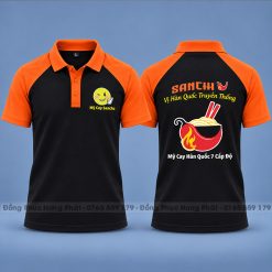 áo thun đồng phục quán mỳ cay sanchu màu đen phối cam