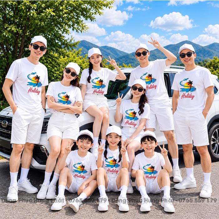áo thun đồng phục team building đi biển in hình holiday màu trắng