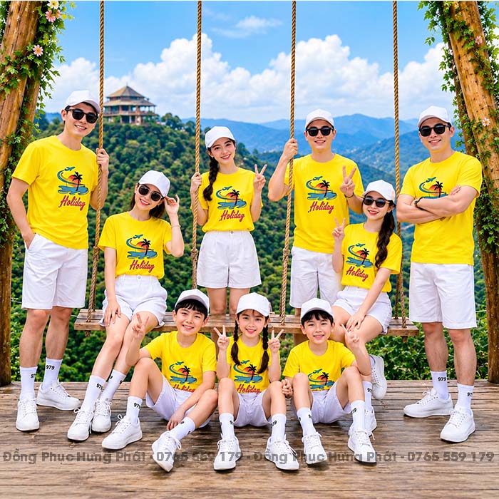 áo thun đồng phục team building đi biển in hình holiday màu vàng