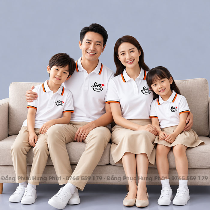 áo thun gia đình có cổ màu trắng sọc cam