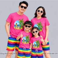 áo thun gia đình đi biển màu hồng dâu