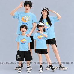 áo thun gia đình màu xanh biển in family