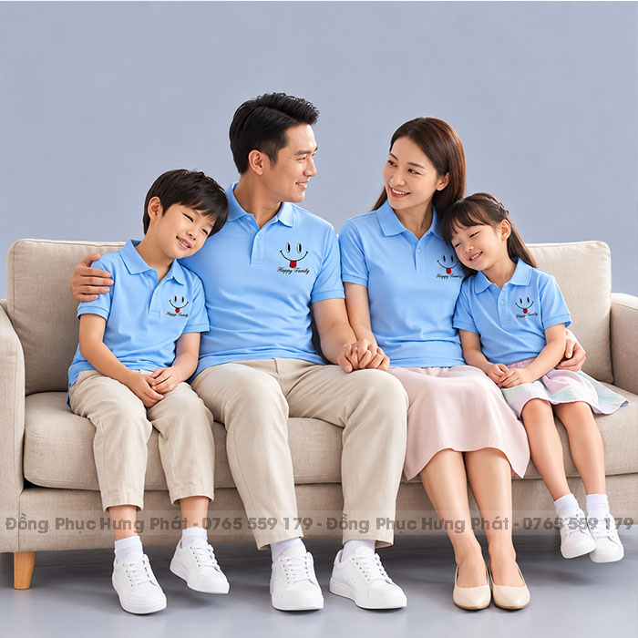 áo thun polo gia đình màu xanh biển